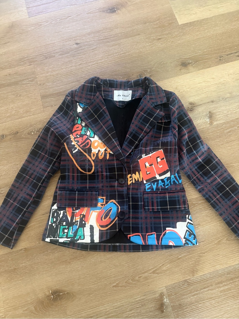 Ma Cherie Plaid Graffiti Graphic Blazer Jacket